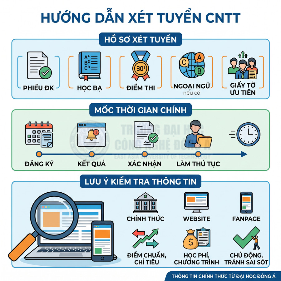 Infographic hướng dẫn xét tuyển ngành CNTT Đại học Đông Á với hồ sơ, mốc thời gian và lưu ý kiểm tra thông tin