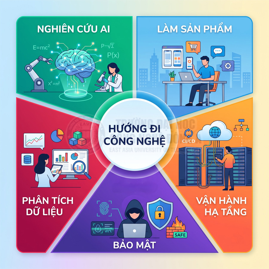 Hình minh họa các hướng đi công nghệ gồm nghiên cứu AI, làm sản phẩm, phân tích dữ liệu, vận hành hạ tầng, bảo mật