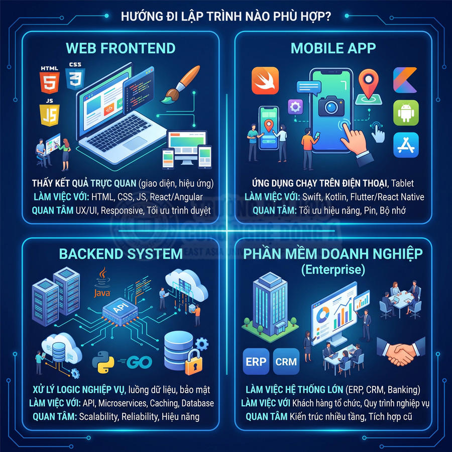 Infographic các hướng đi lập trình: web frontend, mobile app, backend system và phần mềm doanh nghiệp