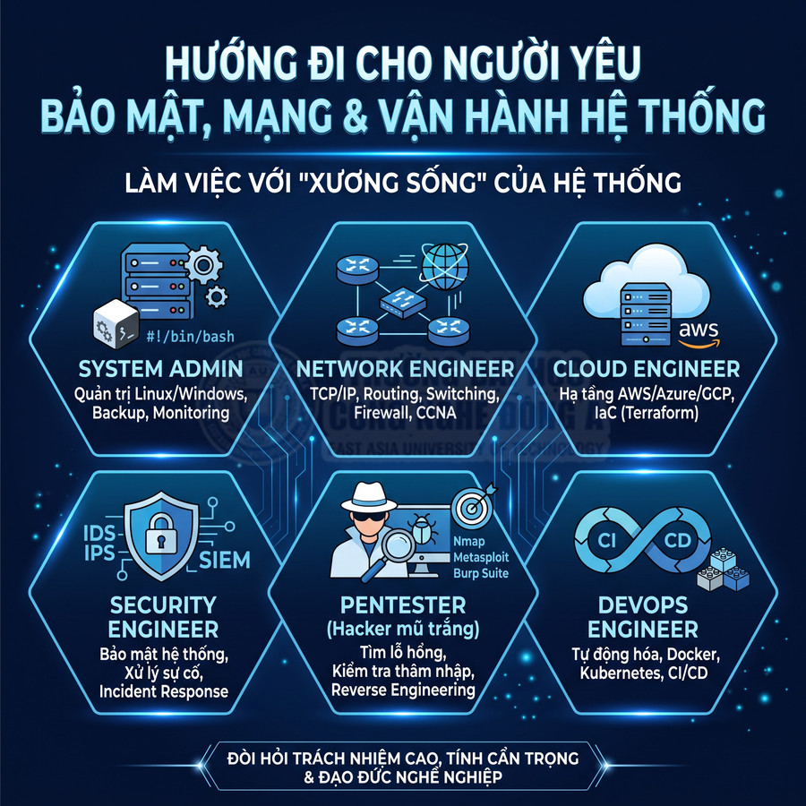 Các vị trí nghề nghiệp bảo mật mạng và vận hành hệ thống như System Admin, Network, Cloud, Security, Pentester, DevOps