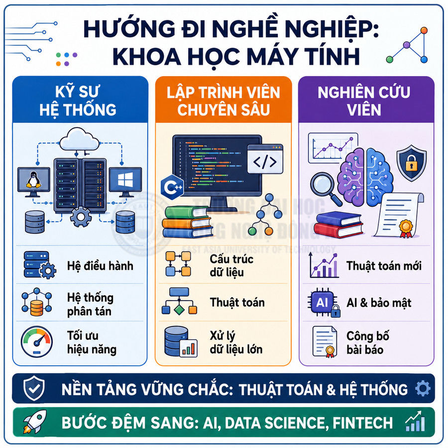 Infographic hướng đi nghề nghiệp khoa học máy tính với các mảng kỹ sư hệ thống, lập trình viên, nghiên cứu viên