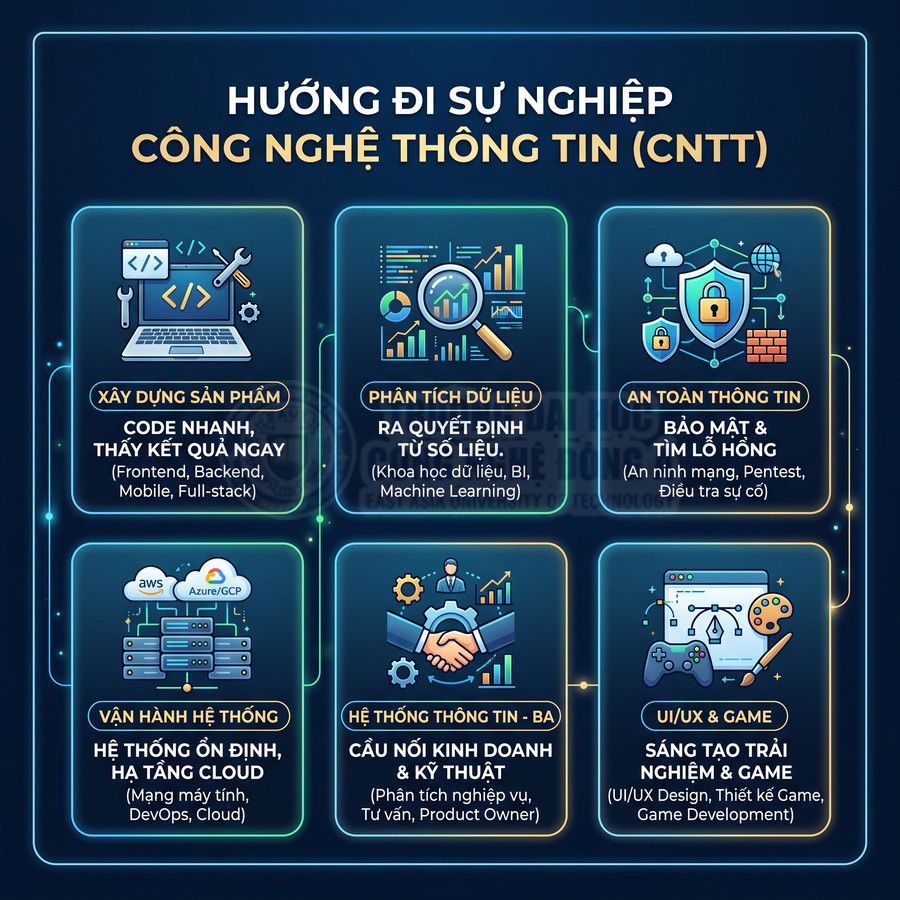 Sơ đồ các hướng đi sự nghiệp công nghệ thông tin như lập trình, phân tích dữ liệu, an toàn thông tin, cloud, BA, UIUX, game