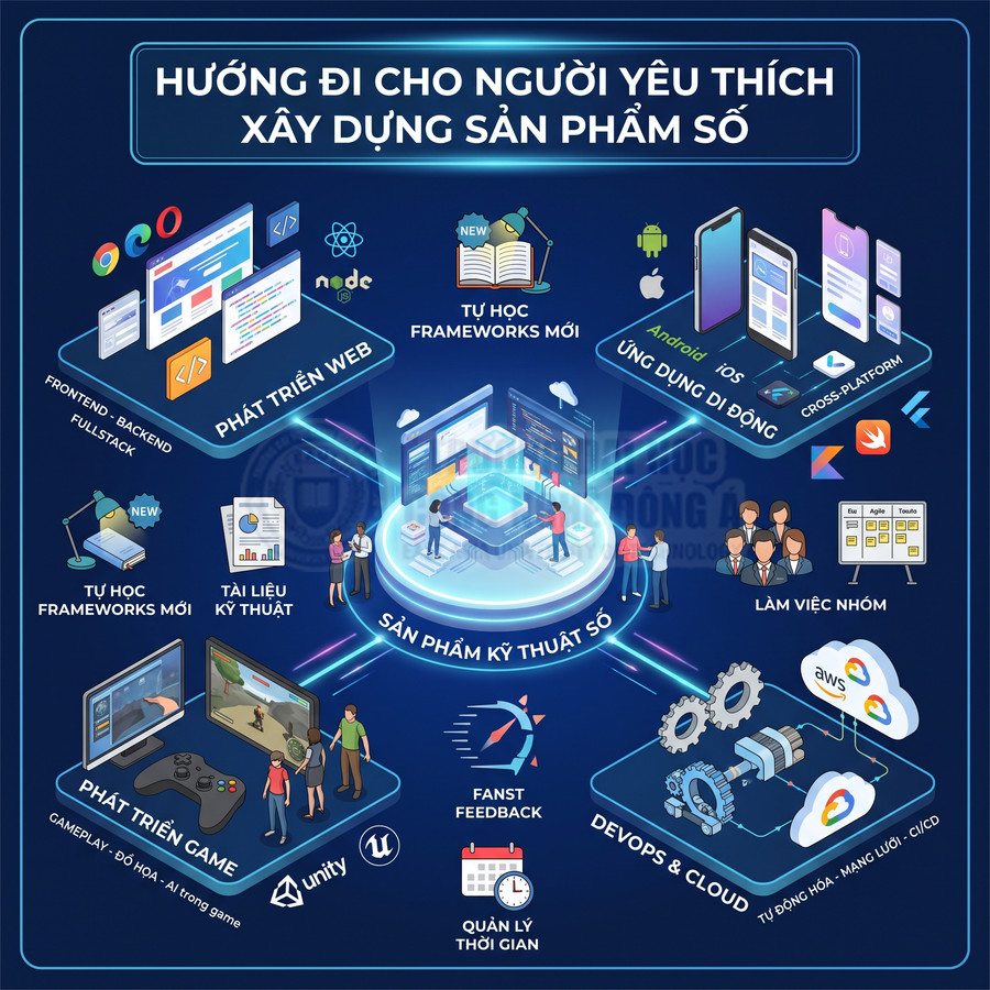 Hướng đi học lập trình xây dựng sản phẩm số gồm web, mobile, game, devops và kỹ năng làm việc nhóm
