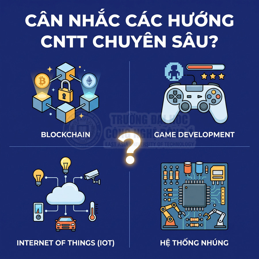 Minh họa các hướng học CNTT chuyên sâu gồm blockchain, lập trình game, IoT và hệ thống nhúng