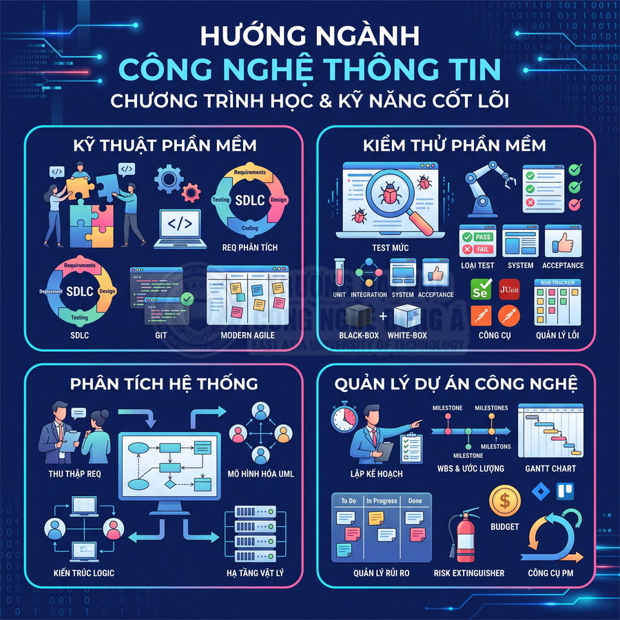 Infographic hướng ngành công nghệ thông tin với các mảng kỹ thuật phần mềm, kiểm thử, phân tích hệ thống và quản lý dự án