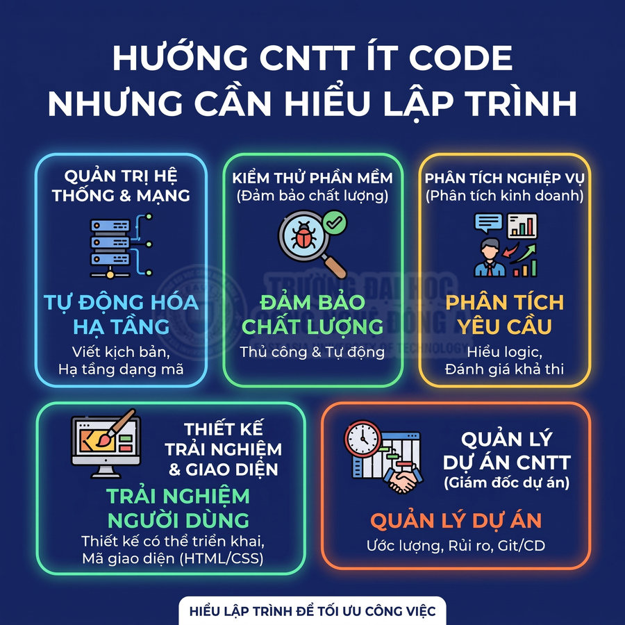 Các hướng ngành CNTT ít code như kiểm thử phần mềm, phân tích nghiệp vụ, UX UI, quản trị hệ thống, quản lý dự án
