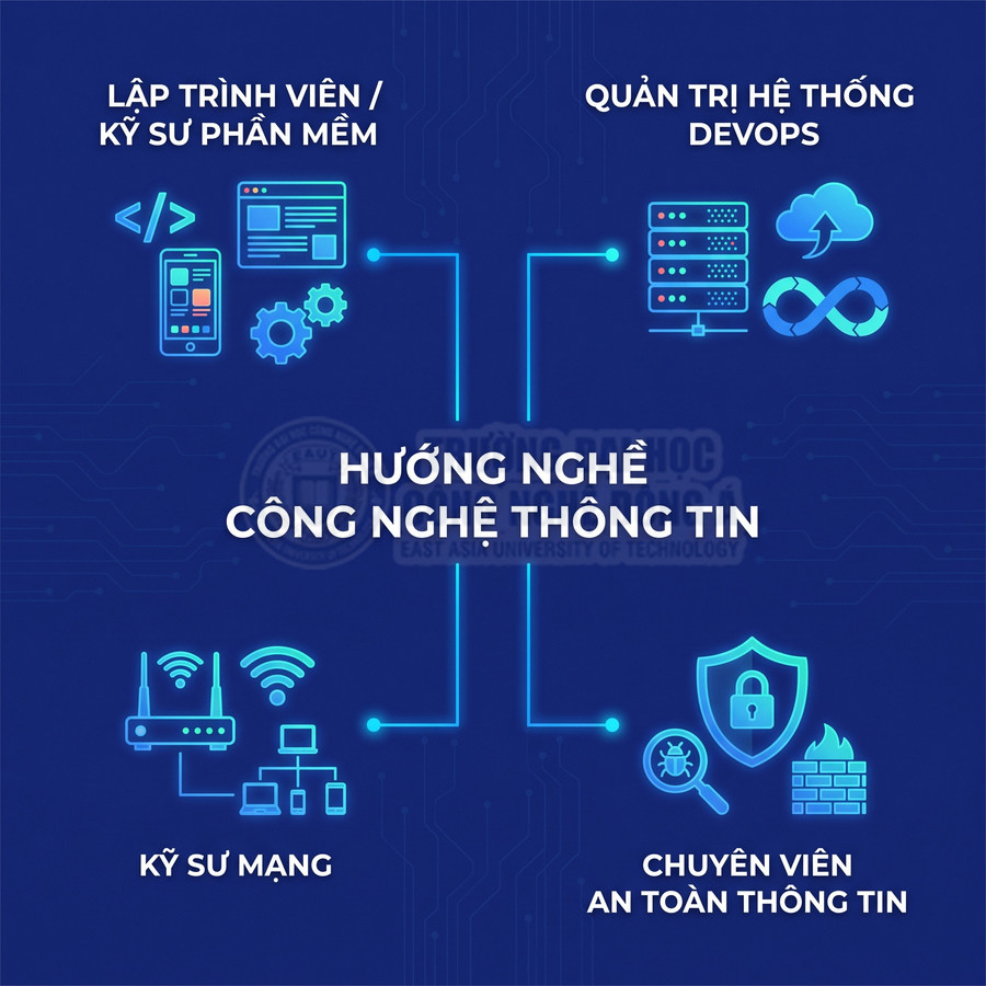 Các hướng nghề công nghệ thông tin gồm lập trình viên, DevOps, kỹ sư mạng, chuyên viên an toàn thông tin