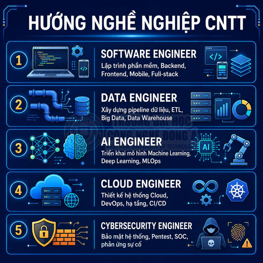 Infographic các hướng nghề nghiệp CNTT gồm Software, Data, AI, Cloud và Cybersecurity Engineer