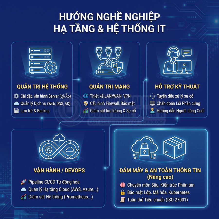 Hướng nghề nghiệp hạ tầng và hệ thống IT gồm quản trị hệ thống, mạng, hỗ trợ kỹ thuật, DevOps, điện toán đám mây và bảo mật thông tin