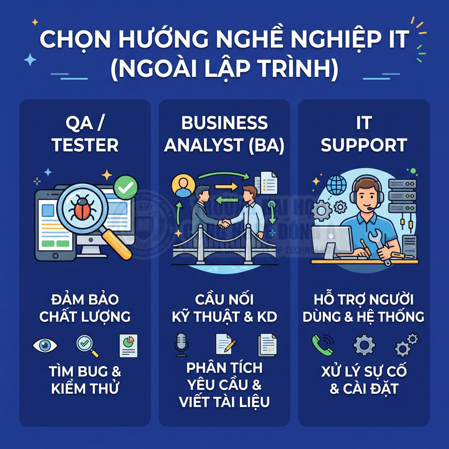 Infographic hướng nghiệp IT ngoài lập trình với các vị trí QA Tester Business Analyst IT Support và mô tả nhiệm vụ chính
