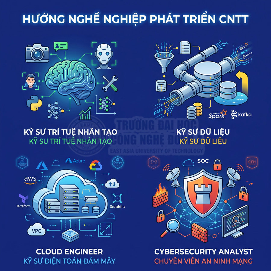 Các hướng nghề nghiệp CNTT: trí tuệ nhân tạo, kỹ sư dữ liệu, cloud engineer, chuyên viên an ninh mạng
