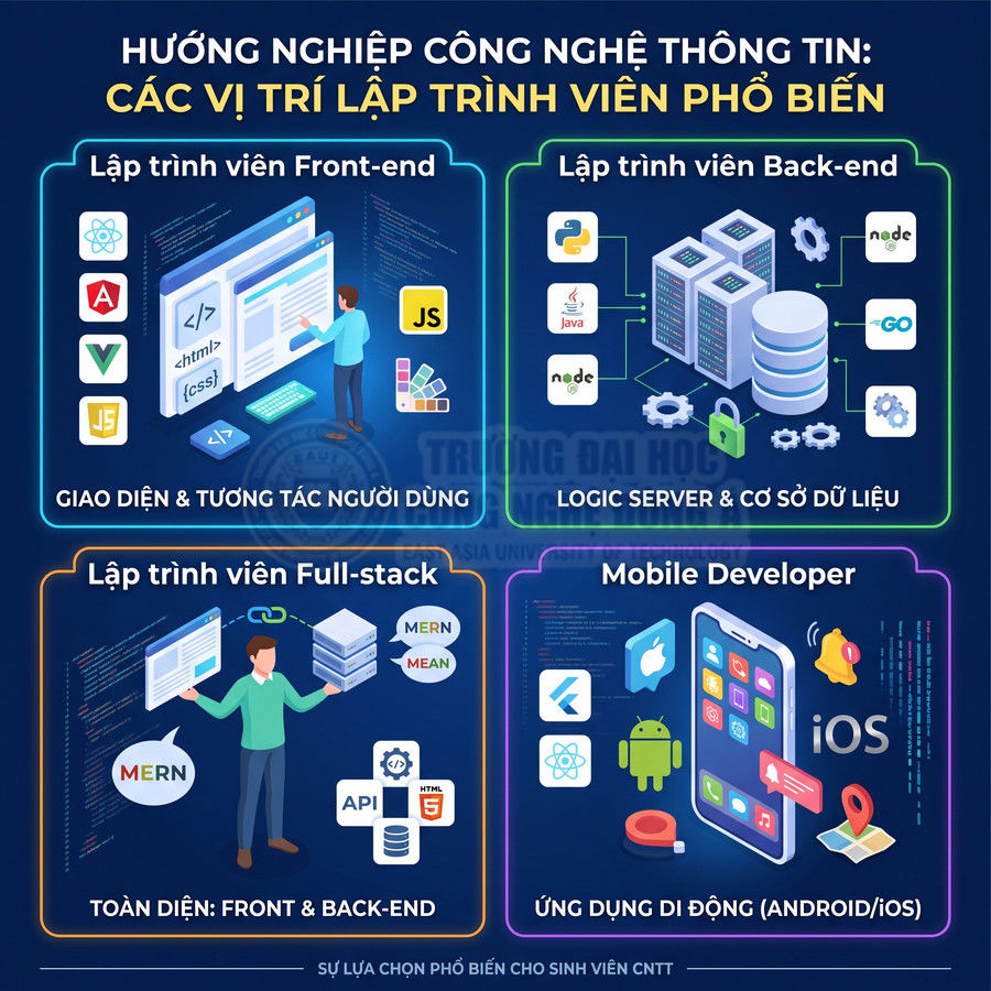 Các vị trí lập trình viên phổ biến trong ngành CNTT gồm Front end, Back end, Full stack và Mobile Developer