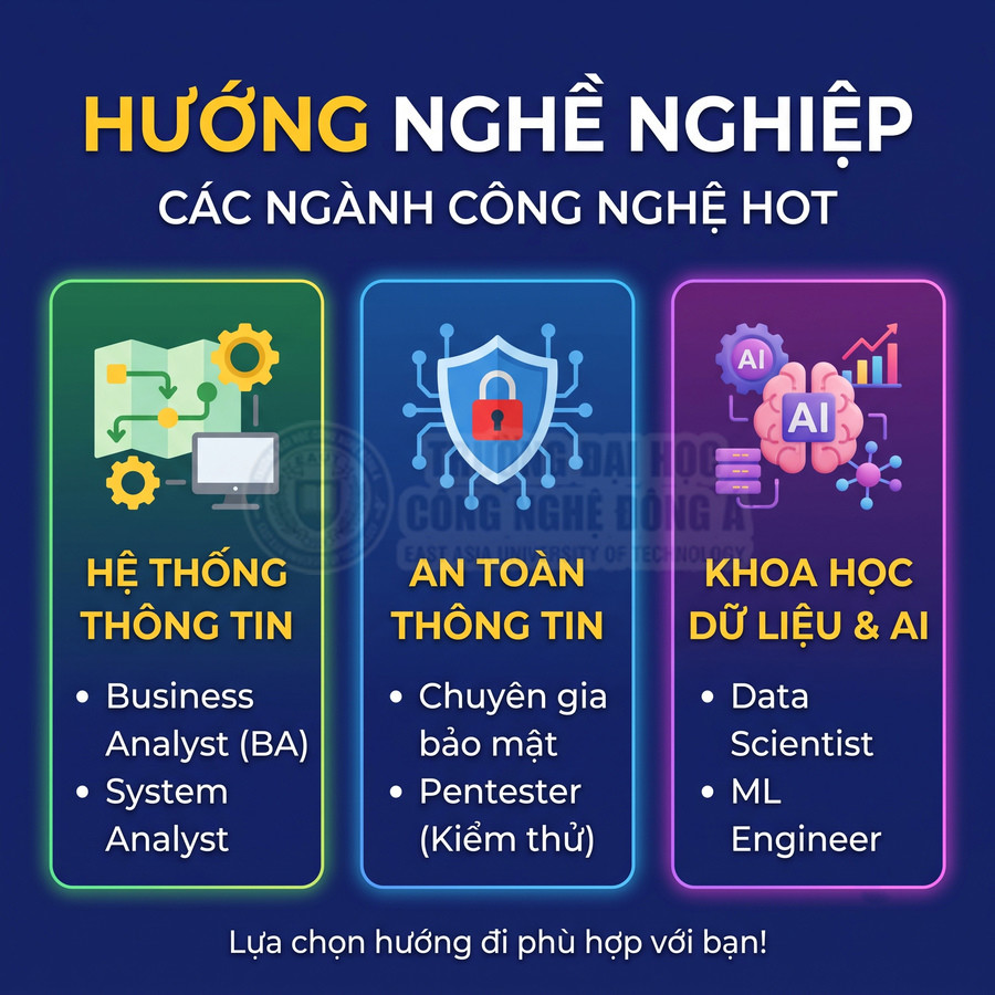 Các ngành nghề công nghệ gồm hệ thống thông tin, an toàn thông tin, khoa học dữ liệu và AI, cùng các vị trí tiêu biểu.