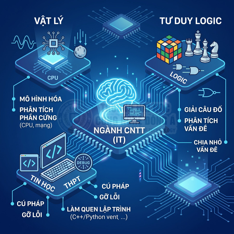 Infographic ngành công nghệ thông tin IT với biểu tượng não, máy tính, CPU, lập trình và tư duy logic