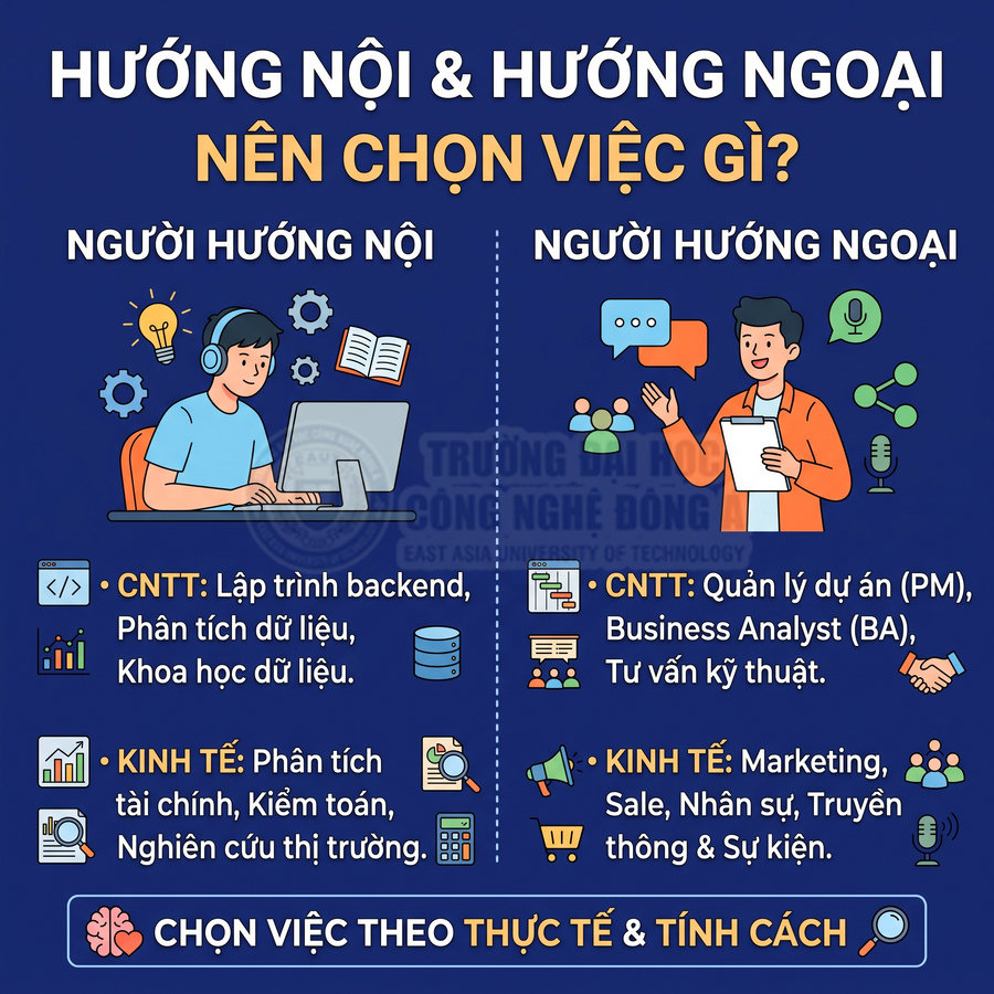 Infographic gợi ý nghề nghiệp cho người hướng nội và hướng ngoại trong lĩnh vực CNTT và kinh tế, dựa trên tính cách và thực tế.