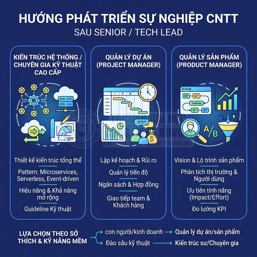 Hướng phát triển sự nghiệp CNTT sau Senior Tech Lead với ba lộ trình kiến trúc sư, quản lý dự án và quản lý sản phẩm