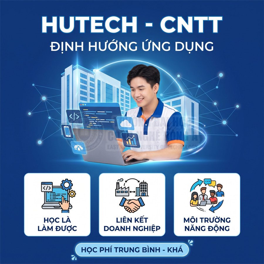 Sinh viên HUTECH ngành công nghệ thông tin học lập trình trên laptop trong môi trường hiện đại năng động