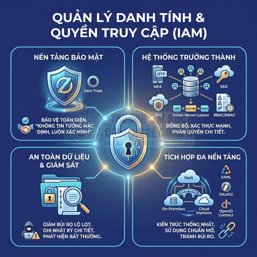 Quản lý danh tính và quyền truy cập IAM với Zero Trust, MFA, SSO, phân quyền và giám sát bảo mật dữ liệu