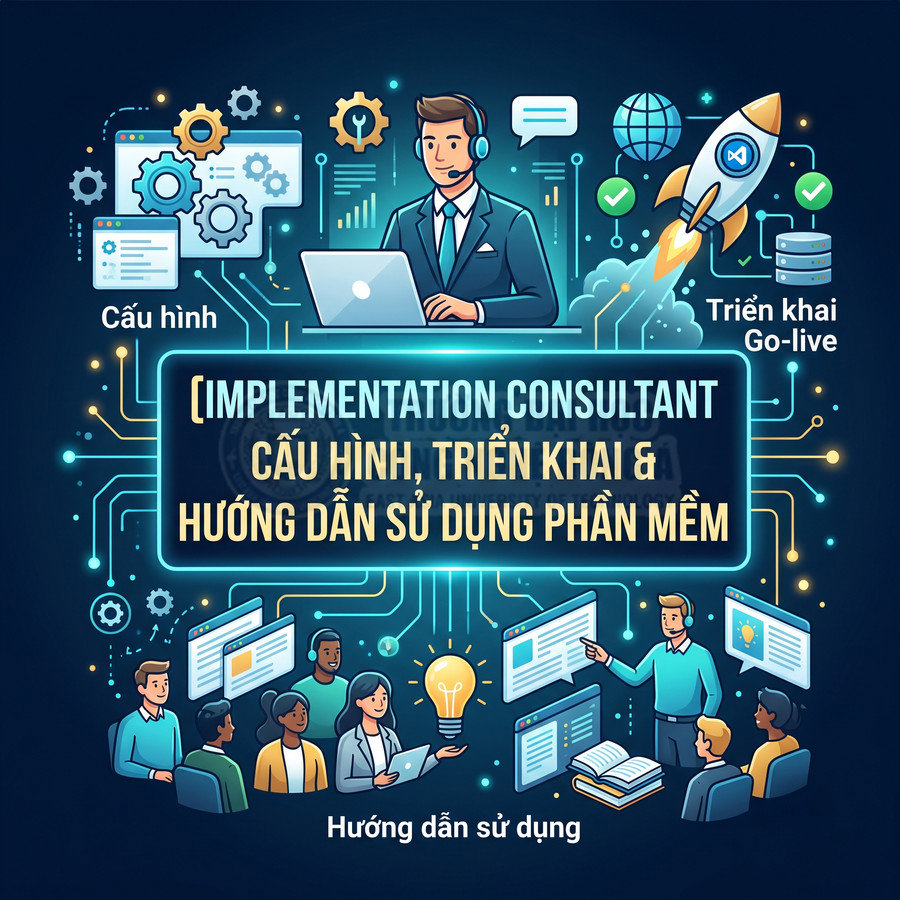 Minh họa chuyên gia implementation consultant cấu hình, triển khai go live và hướng dẫn sử dụng phần mềm cho doanh nghiệp