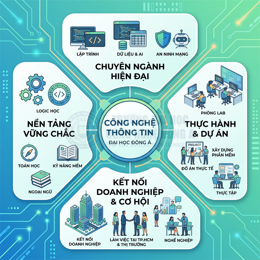 Infographic giới thiệu ngành Công nghệ thông tin Đại học Đông Á với chuyên ngành, thực hành dự án và cơ hội nghề nghiệp