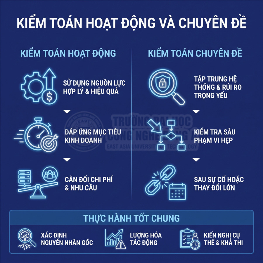 So sánh kiểm toán hoạt động và kiểm toán chuyên đề, cùng các thực hành tốt chung như tìm nguyên nhân gốc và lượng hóa tác động.