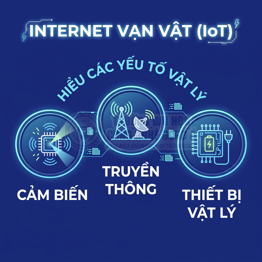 Mô hình Internet vạn vật IoT với ba thành phần cảm biến, truyền thông và thiết bị vật lý trên nền xanh