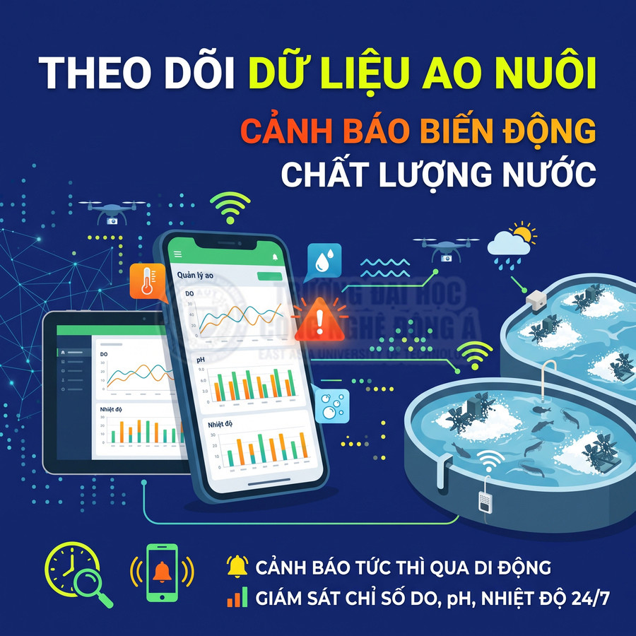 Hệ thống theo dõi dữ liệu ao nuôi, cảnh báo chất lượng nước và giám sát DO, pH, nhiệt độ qua điện thoại, máy tính bảng