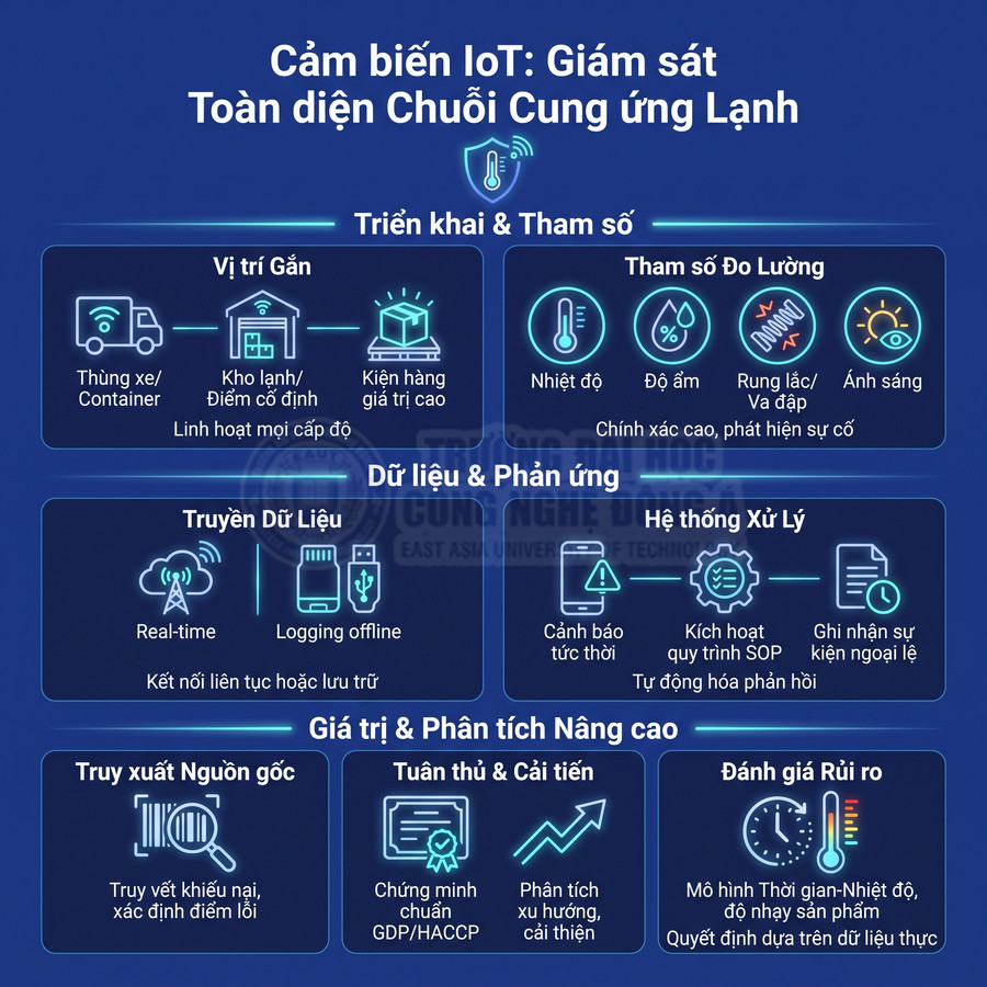 Cảm biến IoT giám sát chuỗi cung ứng lạnh, theo dõi nhiệt độ, độ ẩm, rung lắc và ánh sáng theo thời gian thực
