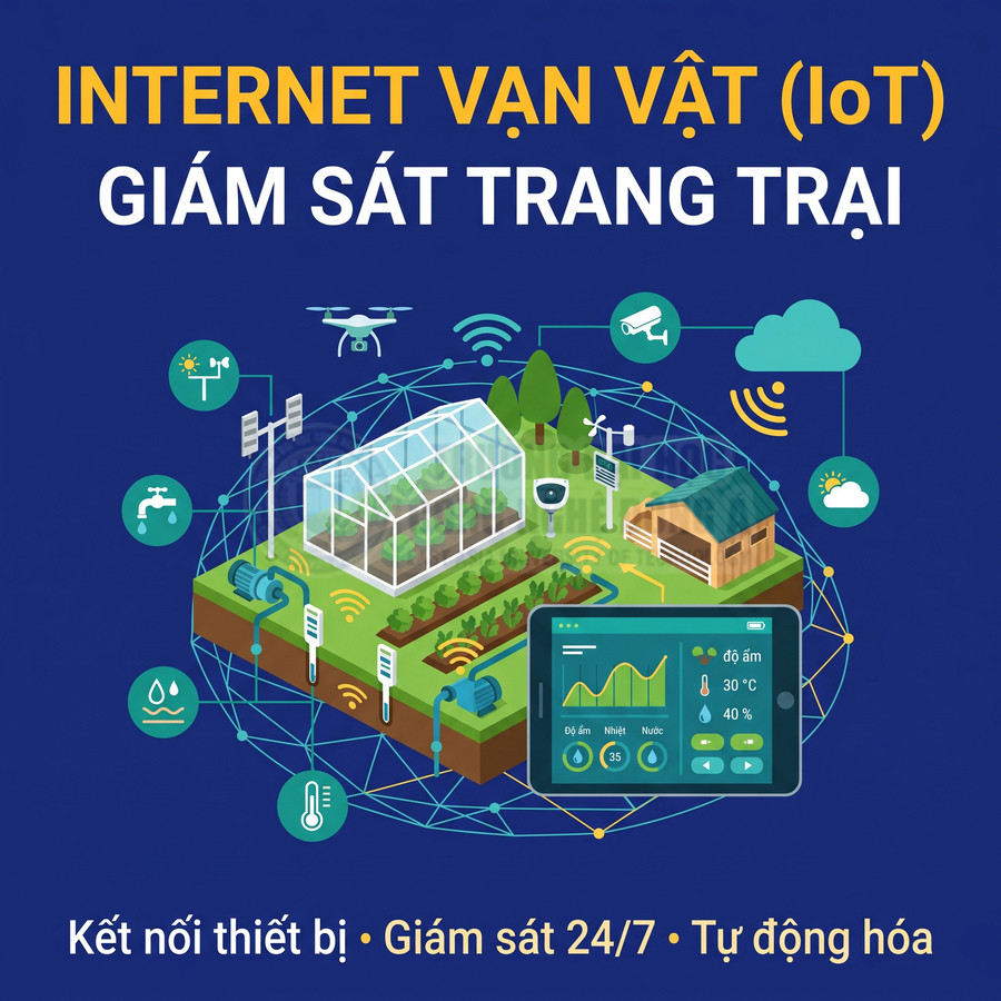 Hệ thống Internet vạn vật IoT giám sát trang trại với cảm biến, nhà kính, camera và bảng điều khiển thông minh