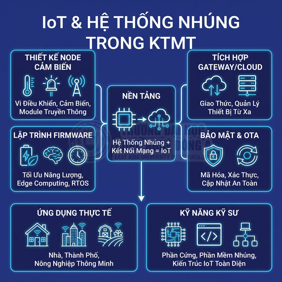 Sơ đồ kiến thức IoT và hệ thống nhúng trong Kỹ thuật máy tính với các mảng thiết kế, lập trình, bảo mật, ứng dụng thực tế