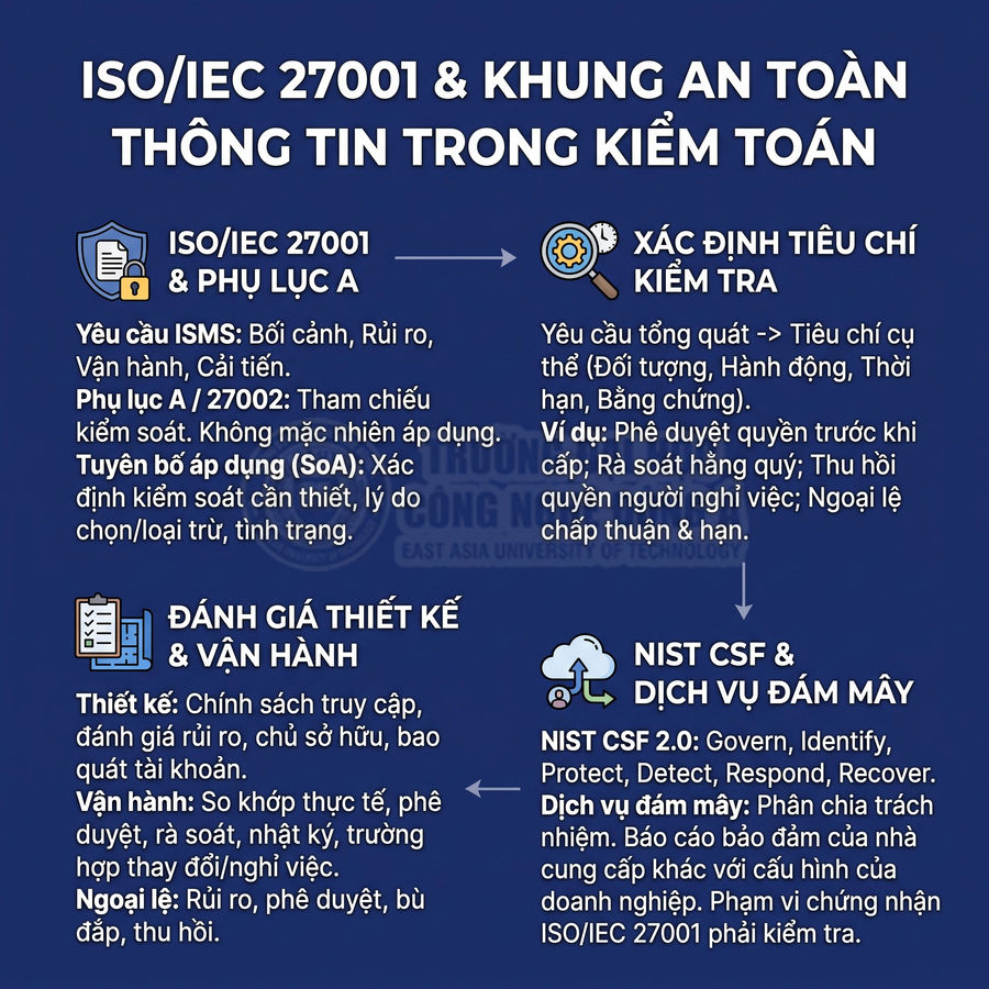 Nội dung về ISO/IEC 27001, tiêu chí kiểm tra an toàn thông tin, đánh giá vận hành, NIST CSF và dịch vụ đám mây
