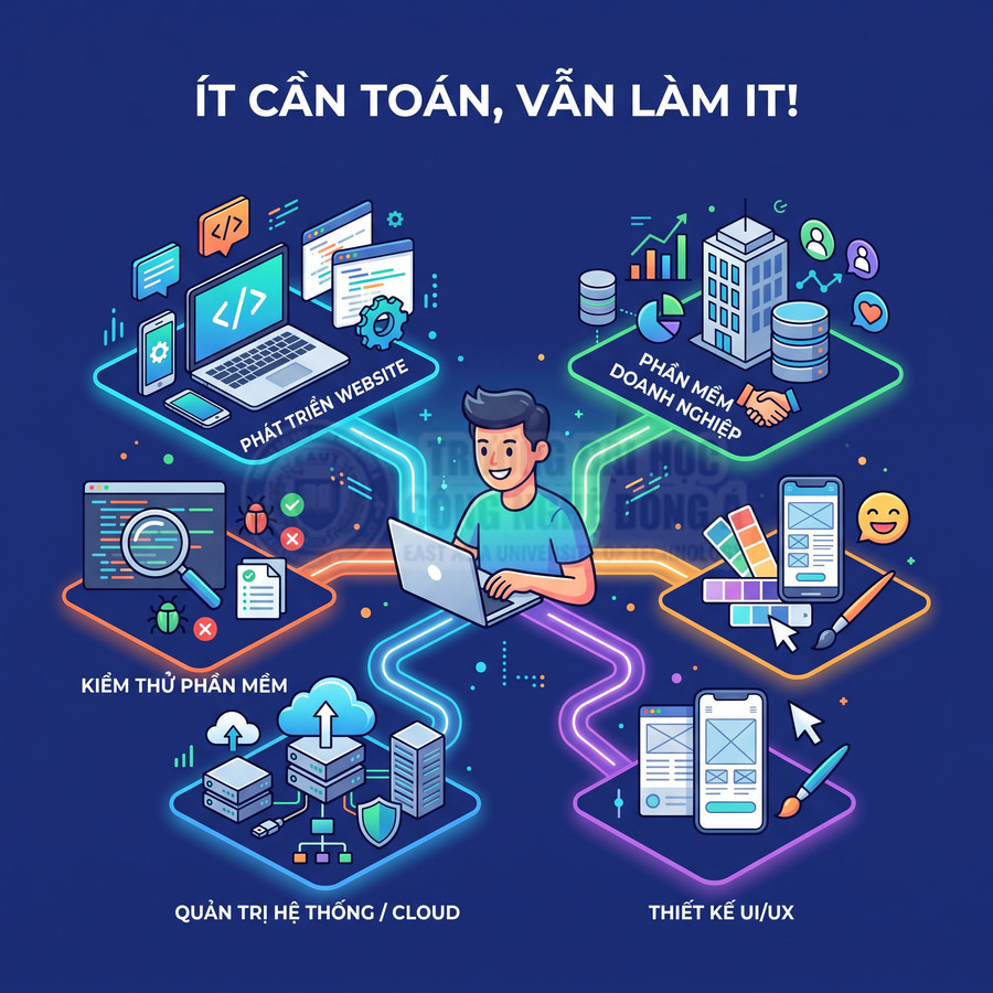 Minh họa các mảng nghề IT như phát triển website, kiểm thử, quản trị hệ thống, thiết kế UI UX cho người ít giỏi toán