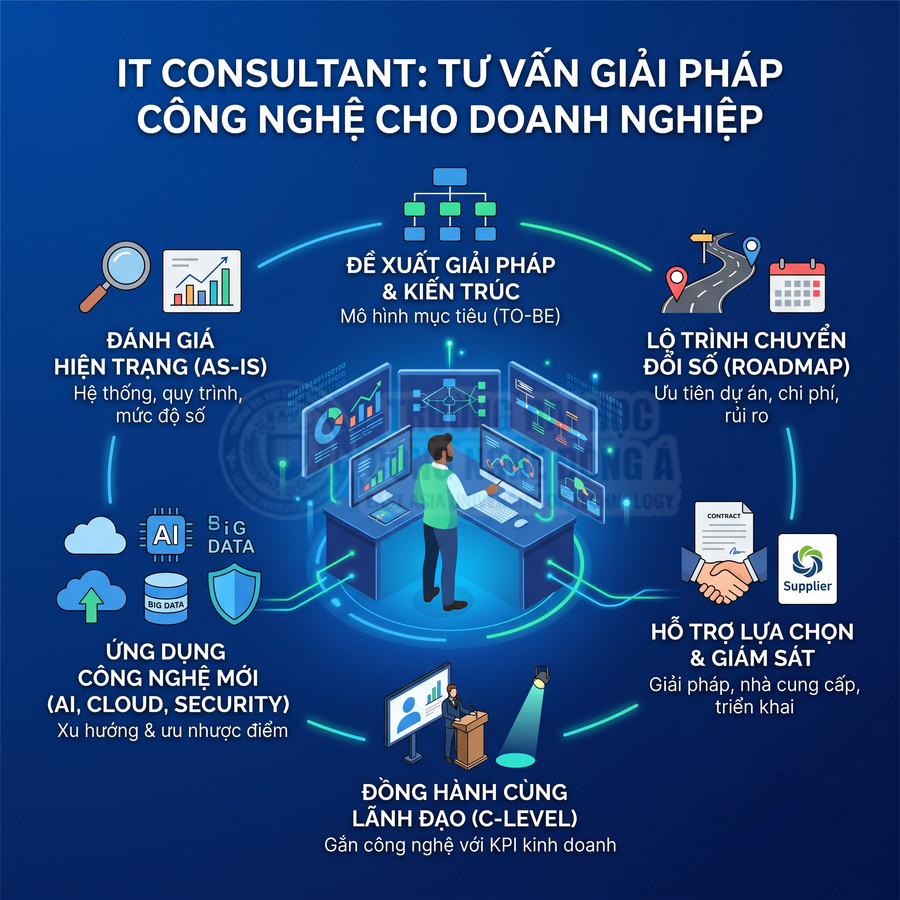 Mô tả vai trò IT Consultant tư vấn giải pháp công nghệ, chuyển đổi số và giám sát triển khai cho doanh nghiệp
