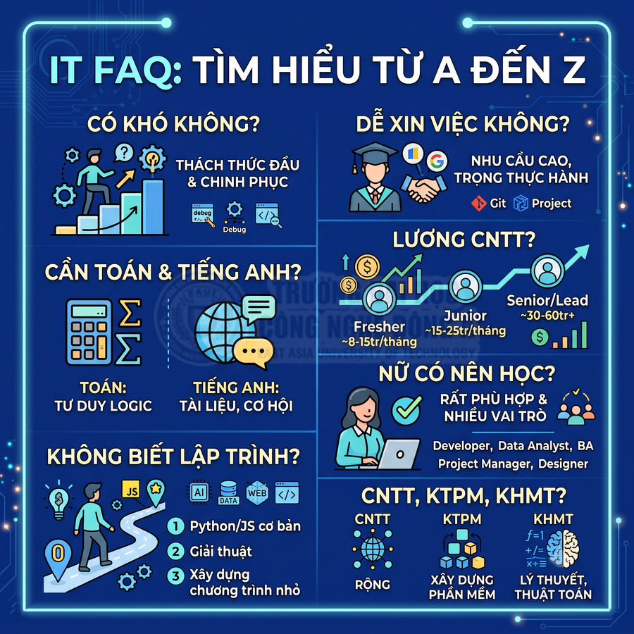 Infographic giải đáp thắc mắc về ngành IT, cơ hội việc làm, lương, yêu cầu toán tiếng Anh và lộ trình học lập trình