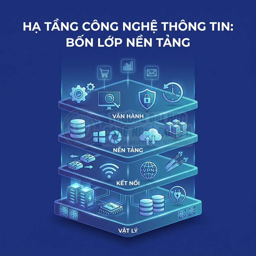 Mô hình hạ tầng công nghệ thông tin gồm bốn lớp vật lý, kết nối, nền tảng và vận hành