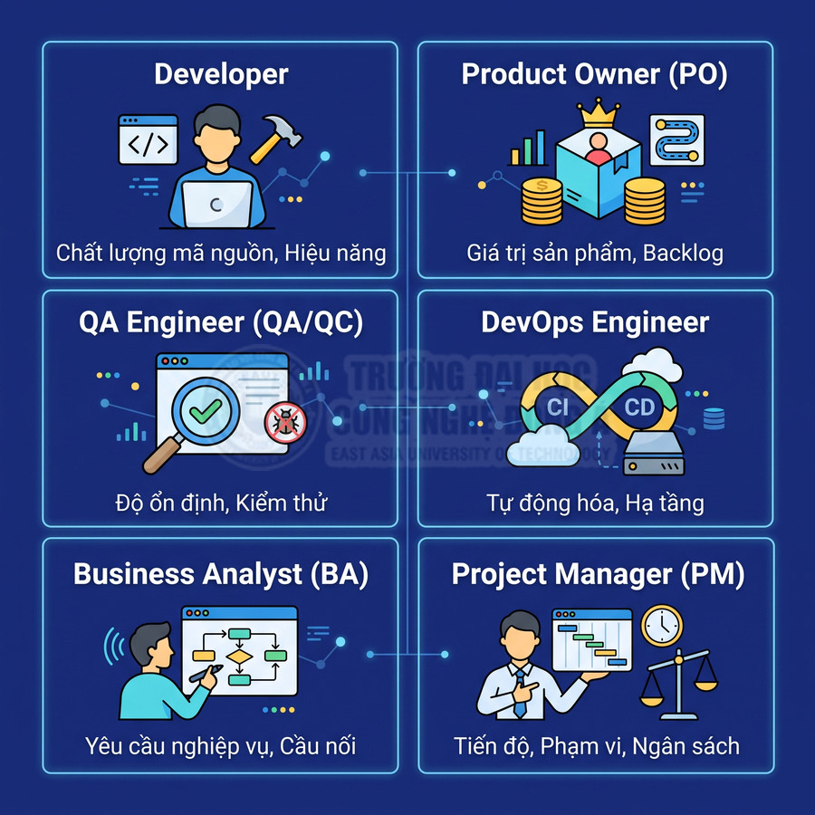 Sơ đồ vai trò trong team phát triển phần mềm gồm Developer, PO, QA, DevOps, BA và Project Manager