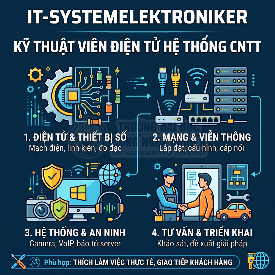 Infographic giới thiệu ngành kỹ thuật viên điện tử hệ thống CNTT với bốn mảng học và cơ hội nghề nghiệp