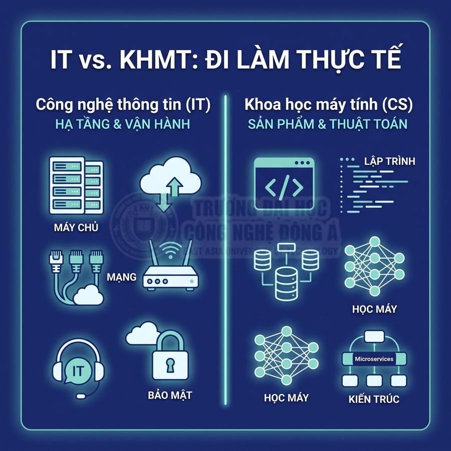 Infographic so sánh ngành Công nghệ thông tin IT và Khoa học máy tính CS với các mảng hạ tầng, vận hành, sản phẩm, thuật toán