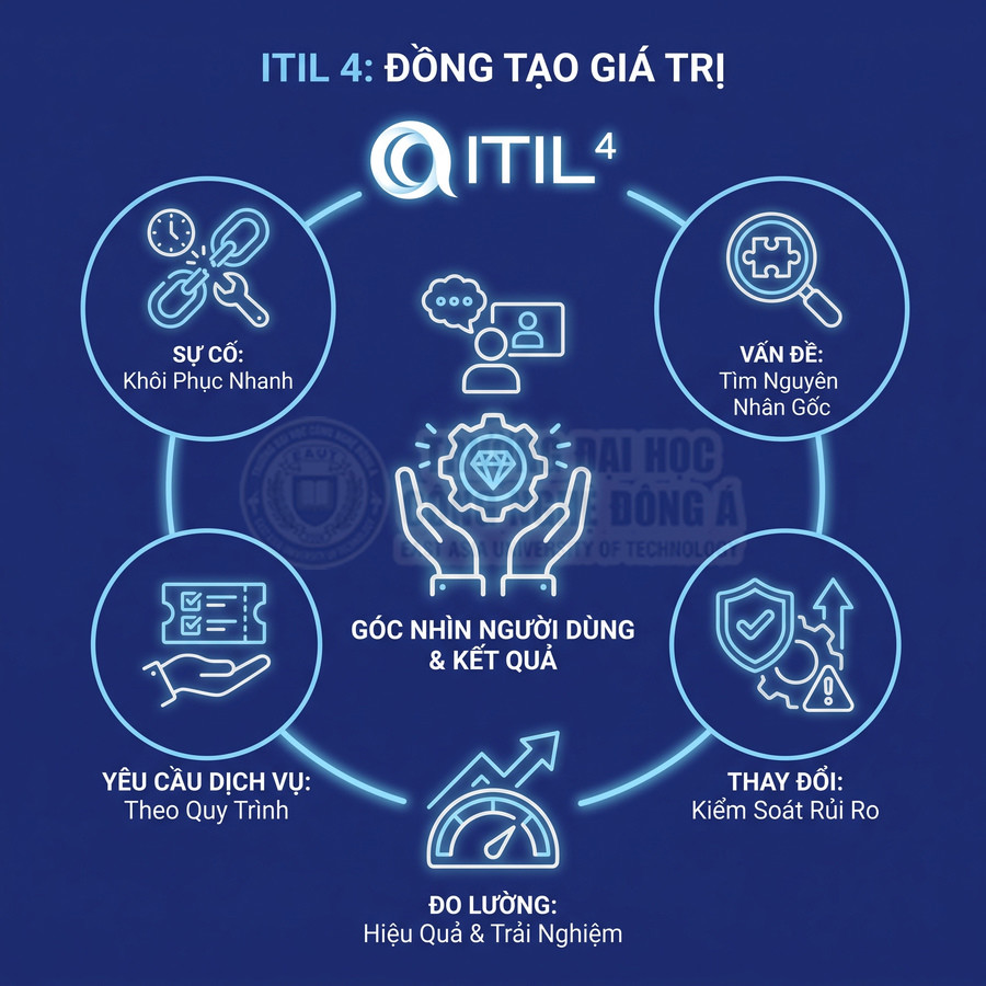 Infographic ITIL 4 về đồng tạo giá trị, gồm sự cố, vấn đề, yêu cầu dịch vụ, thay đổi và đo lường kết quả.