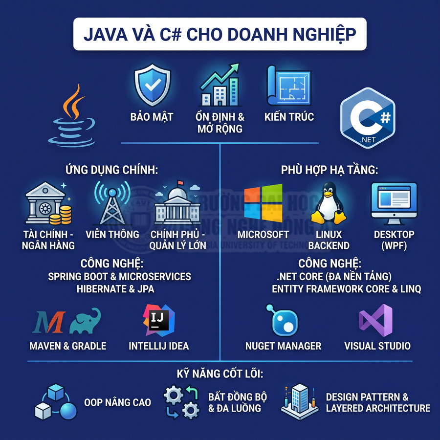 Infographic giới thiệu Java và C# cho doanh nghiệp, ứng dụng, công nghệ, hạ tầng và kỹ năng lập trình viên