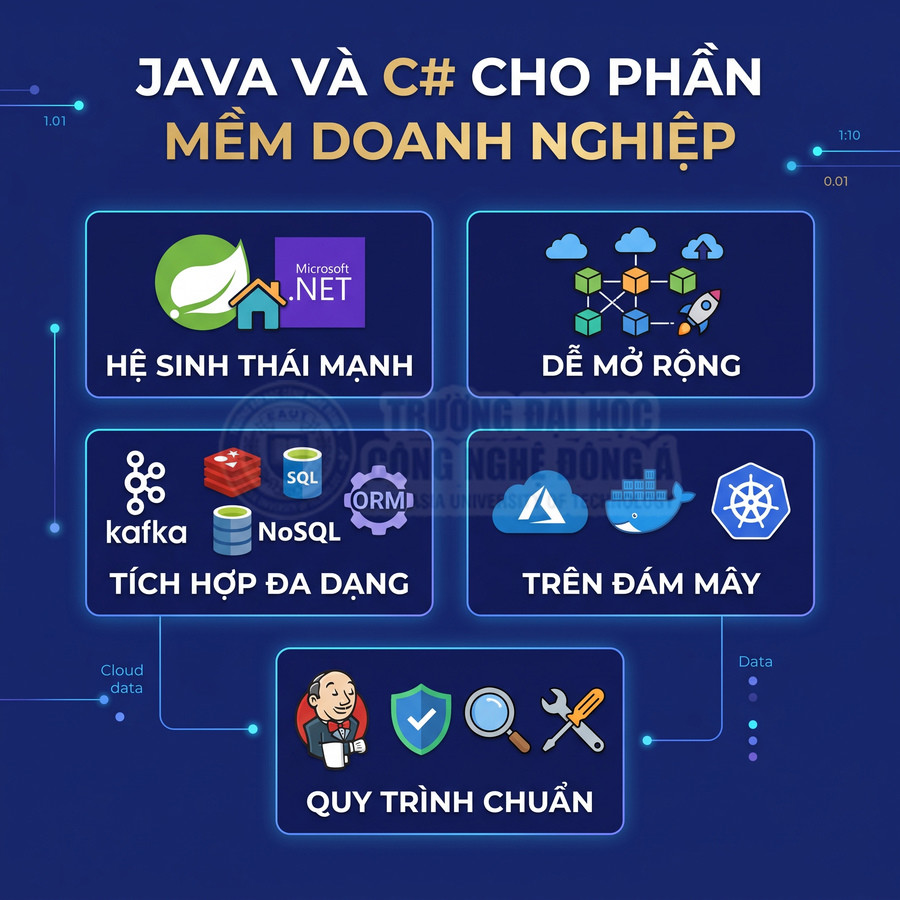 Ưu điểm Java và C Sharp cho phần mềm doanh nghiệp hệ sinh thái mạnh dễ mở rộng tích hợp đa dạng trên đám mây quy trình chuẩn