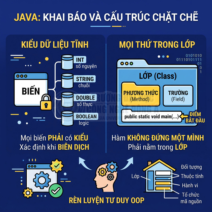 Hình minh họa kiến thức Java về kiểu dữ liệu tĩnh, lớp, phương thức, trường và tư duy lập trình OOP