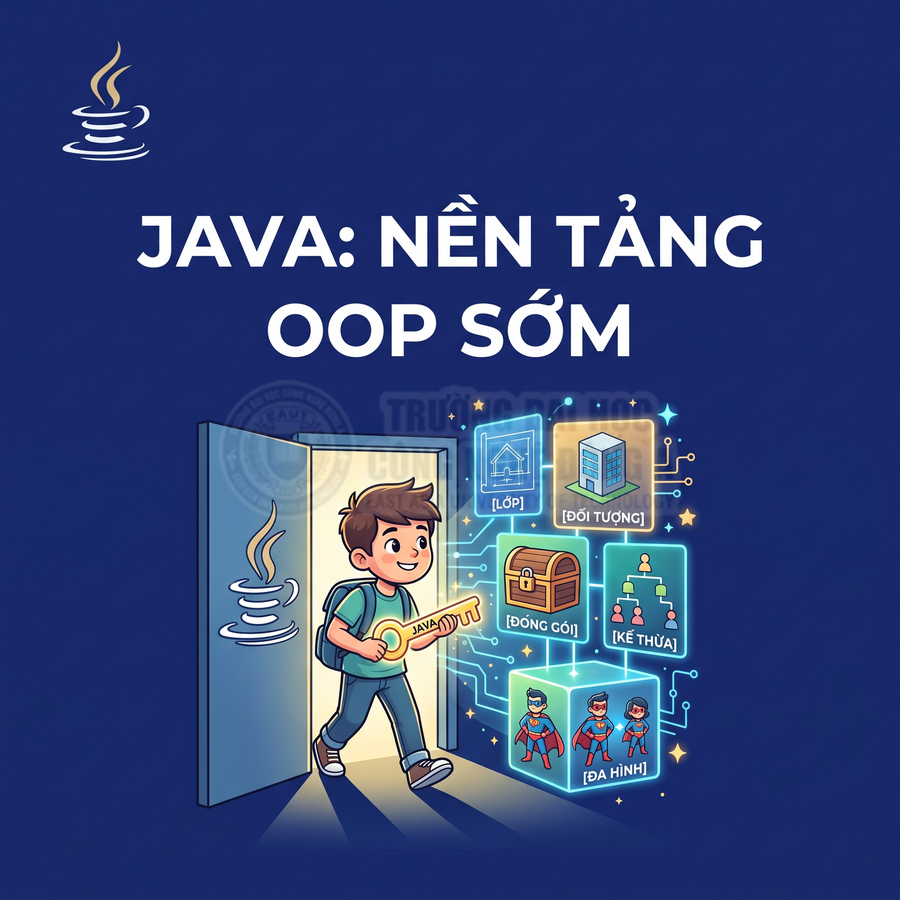 Minh họa học lập trình Java nền tảng OOP sớm với nhân vật cầm chìa khóa Java mở cánh cửa kiến thức
