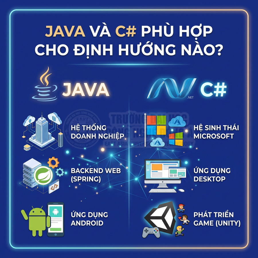 So sánh định hướng học Java và C Sharp cho hệ thống doanh nghiệp, web, Android, desktop và game Unity