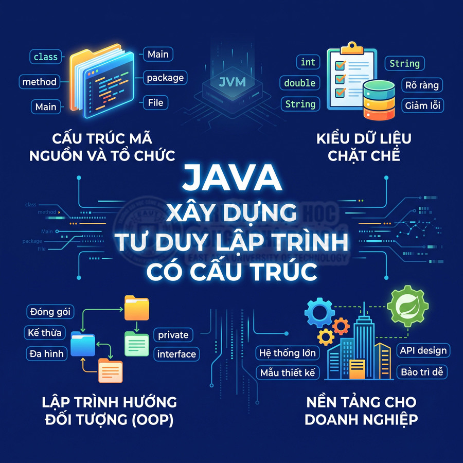Poster giới thiệu Java với cấu trúc mã nguồn, kiểu dữ liệu chặt chẽ, OOP và nền tảng lập trình cho doanh nghiệp