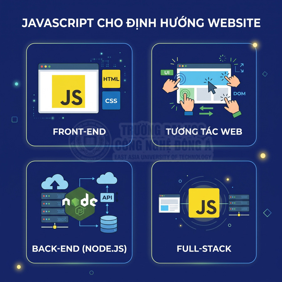 Minh họa JavaScript cho front end, tương tác web, back end NodeJS và full stack trong lập trình website