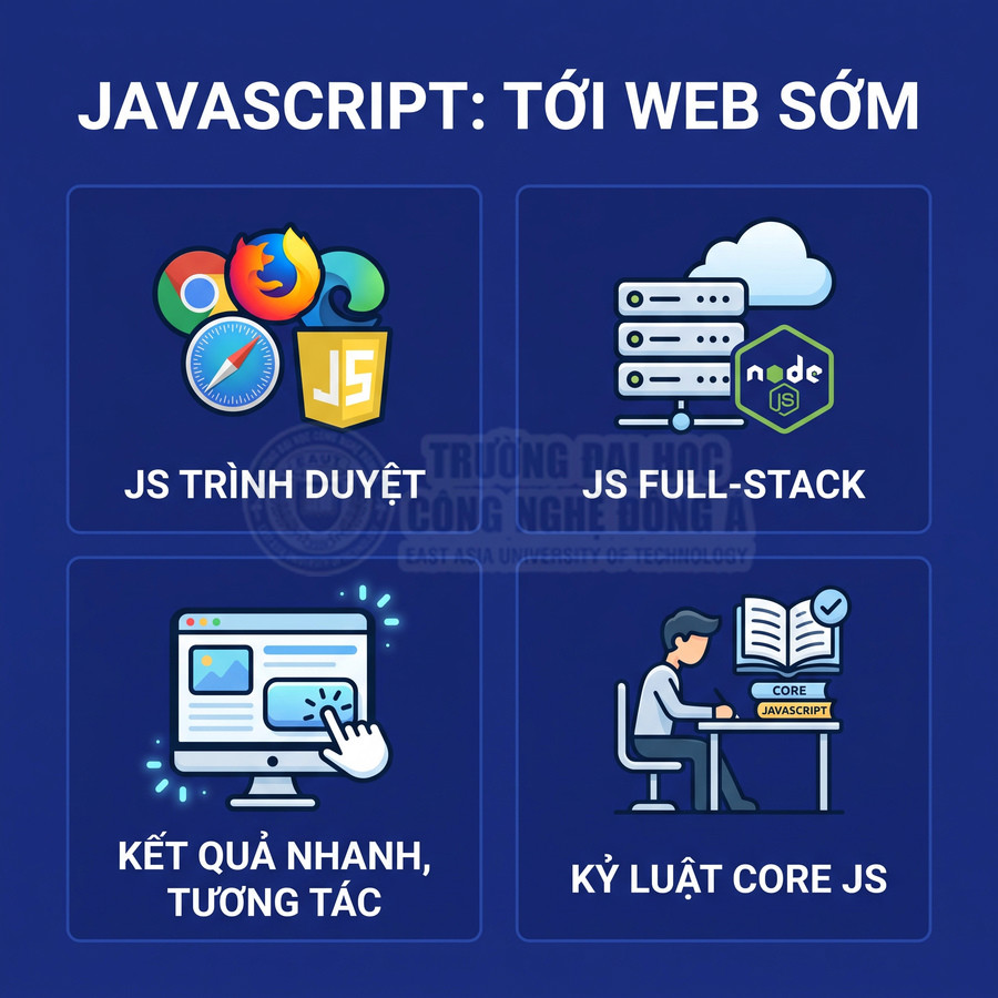 Poster giới thiệu khóa học JavaScript trình duyệt, JS full stack, kết quả nhanh tương tác và kỷ luật core JS