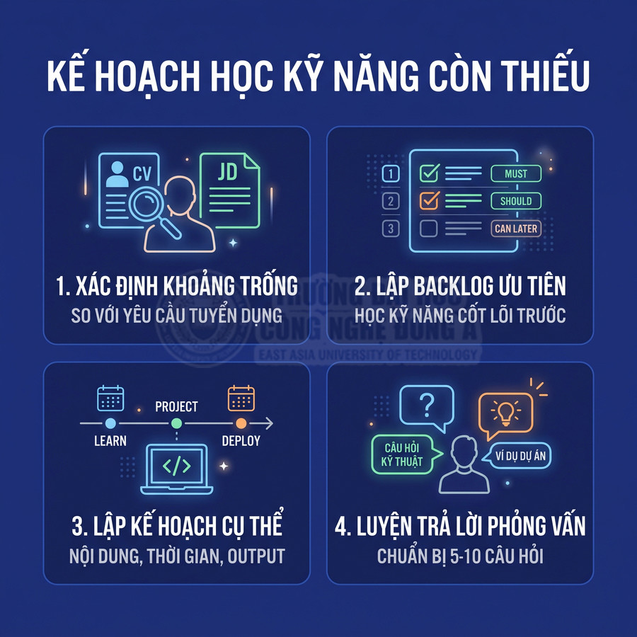 Infographic kế hoạch học kỹ năng còn thiếu với 4 bước từ xác định khoảng trống đến luyện trả lời phỏng vấn