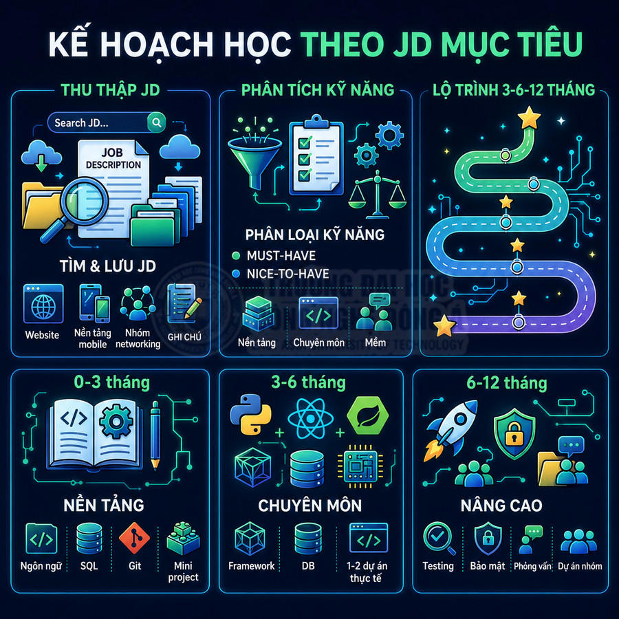 Kế hoạch học lập trình theo JD mục tiêu với lộ trình kỹ năng 0 đến 12 tháng chi tiết từng giai đoạn