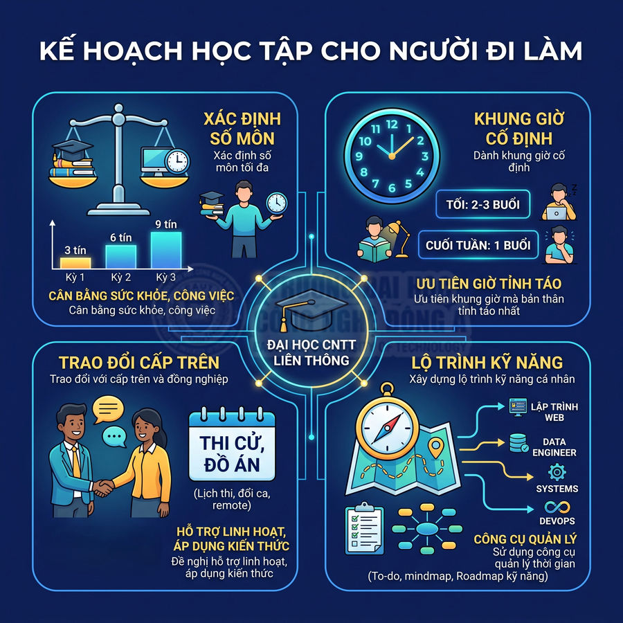 Infographic kế hoạch học tập cho người đi làm tại đại học CNTT liên thông, cân bằng công việc và phát triển kỹ năng